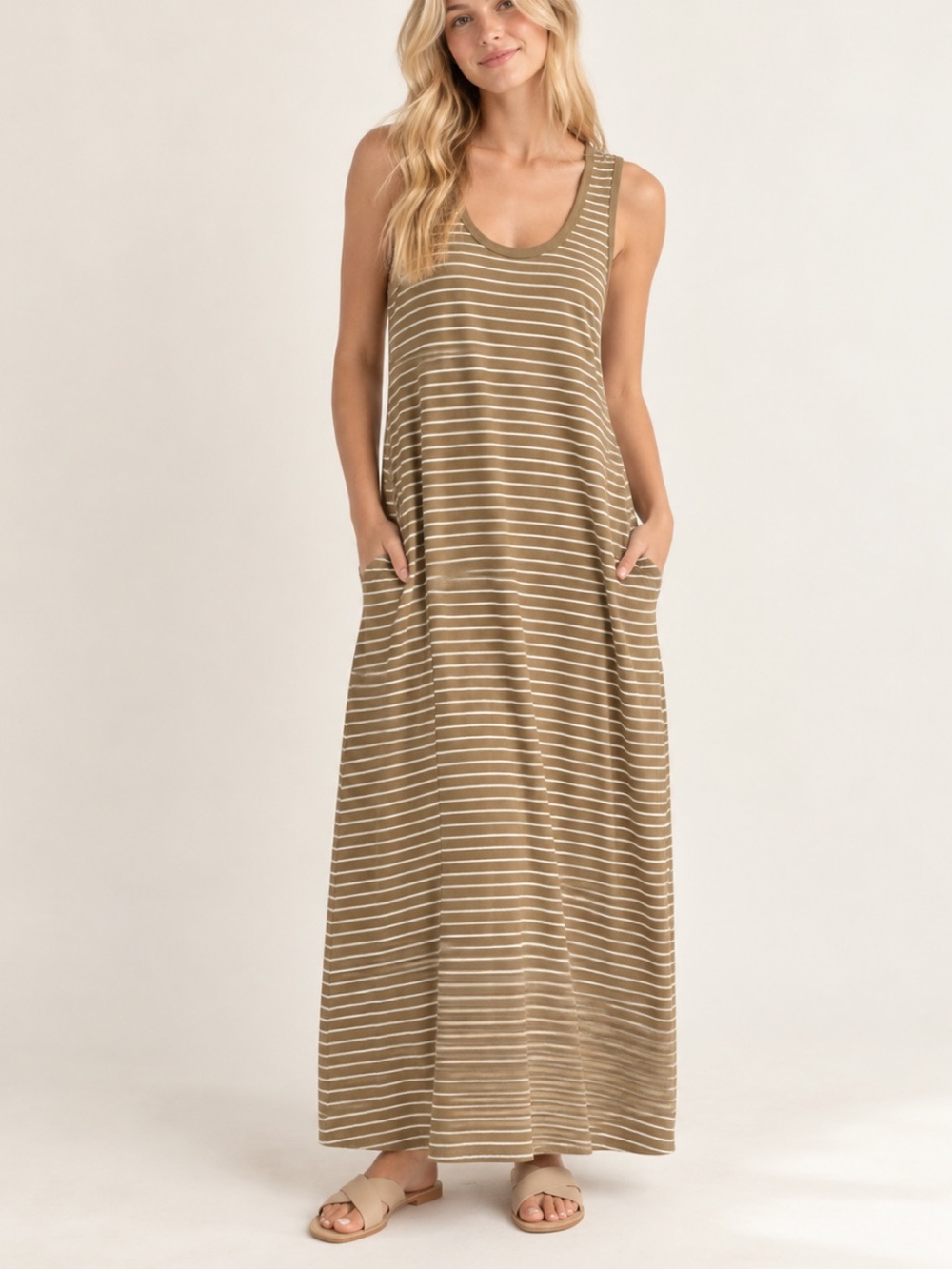 Pact Organic Cotton Striped Tank Maxi Dress Tan White Size XS 39984